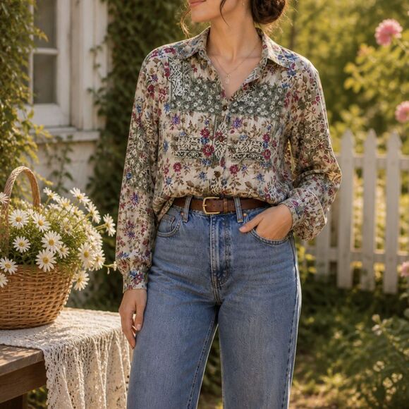 Tapestry Tops - Vintage Tapestry Floral Button Shirt Cottagecore Romantic Blouse Large